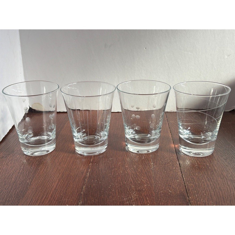 Set of 4 Etched Glass Juice Tumblers Mismatched‎ Dots Stripes Swirl Clear 4 inch